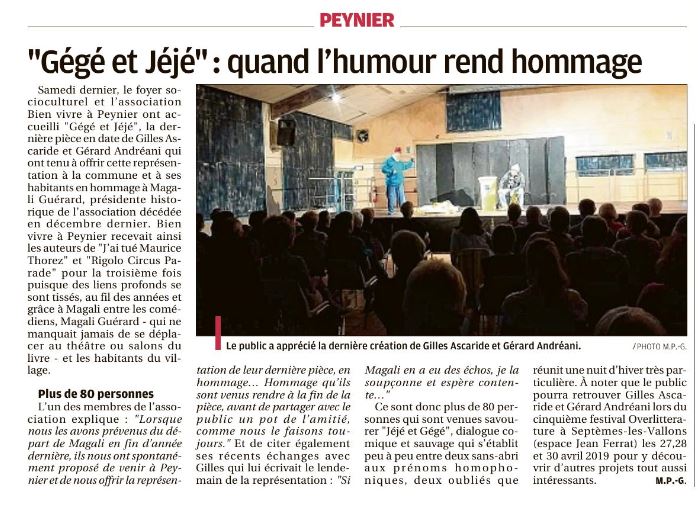 Gégé et Jéjé, pièce de Gilles Ascaride, article de La Provence sur la représentation à Peynier le 6 octobre 2018