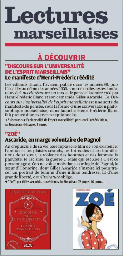 Gilles Ascaride et Henri-Frédéric Blanc, derniers ouvrages, article La Provence 11 décembre 2018