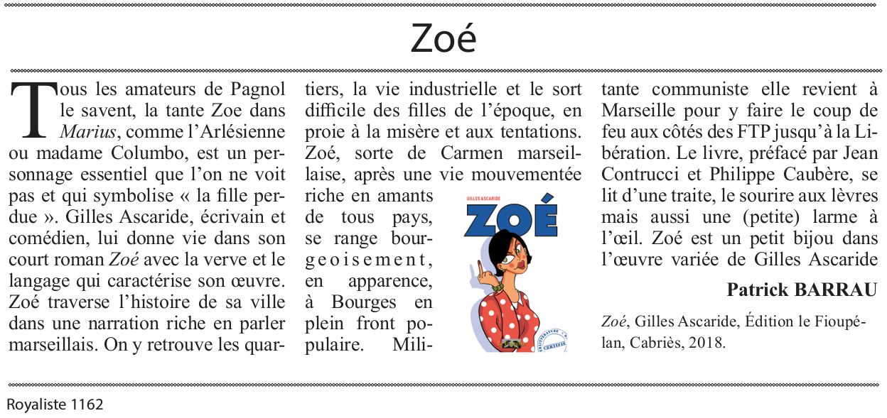 Zoé, de Gilles Ascaride, critique journal Royaliste, 25 février 2019