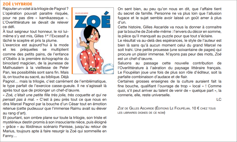 Zoé, Gilles Ascaride, critique dans le journal Ventilo n° 422 du 6 février 2019