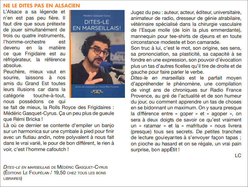 Dites-le en marseillais, Médéric Gasquet-Cyrus, critique dans le journal Ventilo n° 422 du 6 février 2019