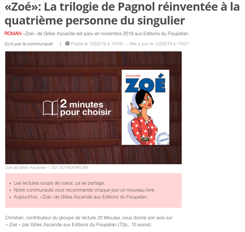 Zoé, de Gilles Ascaride, critique dans le journal 20 minutes le 12 février 2019