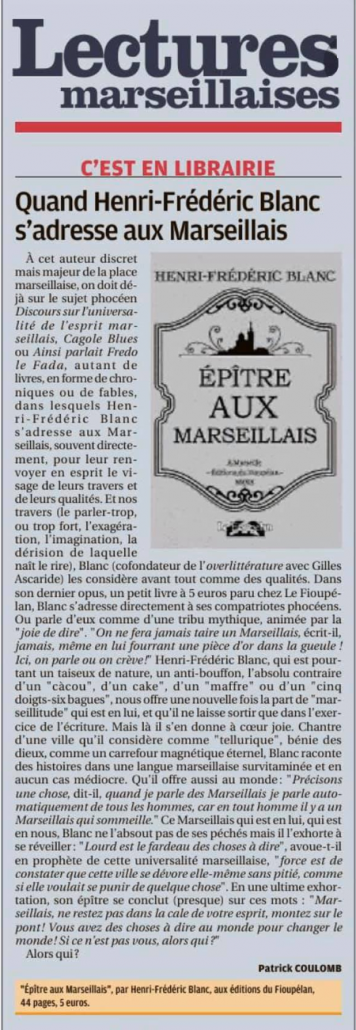 Henri-Frédéric Blanc, Épitre aux Marseillais, La Provence 7 janvier 2020