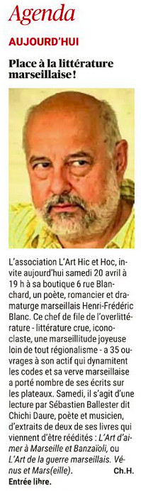 Article annonçant la lecture Henri-Frederic Blanc par Chichi Daure à La Ciotat, 20 avril 2024
